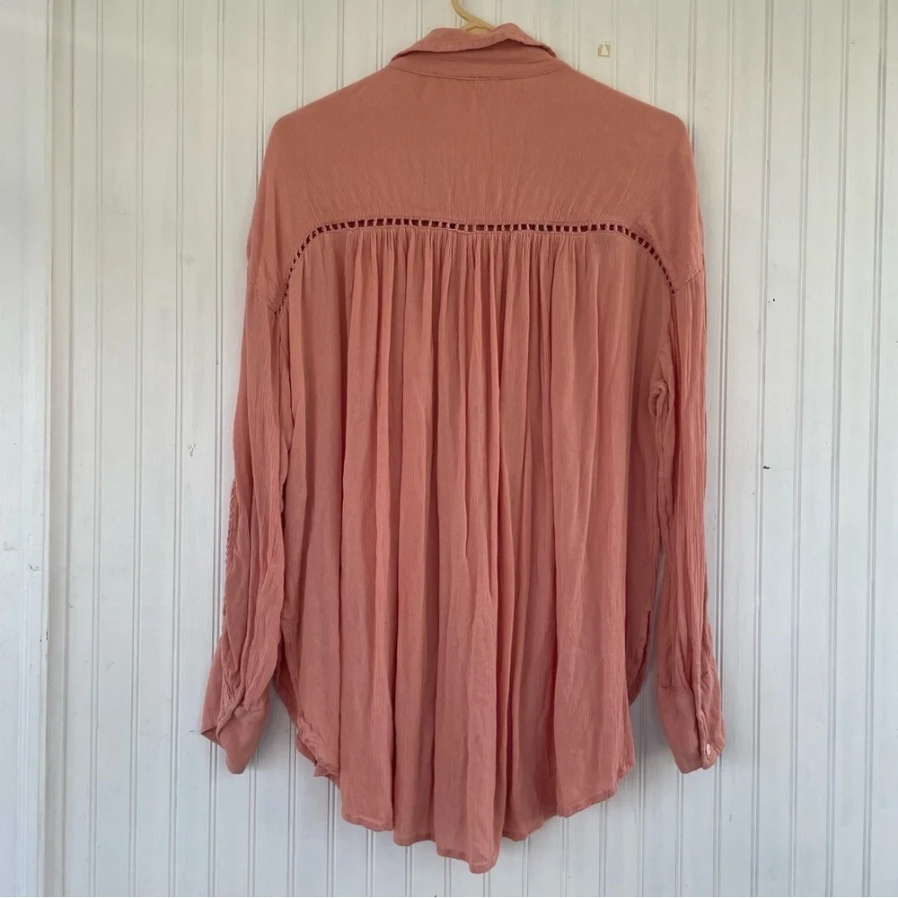 Free People Pink Orange Coral Katie Bird Long Sleeve Button Down Size Large - Picture 3 of 10